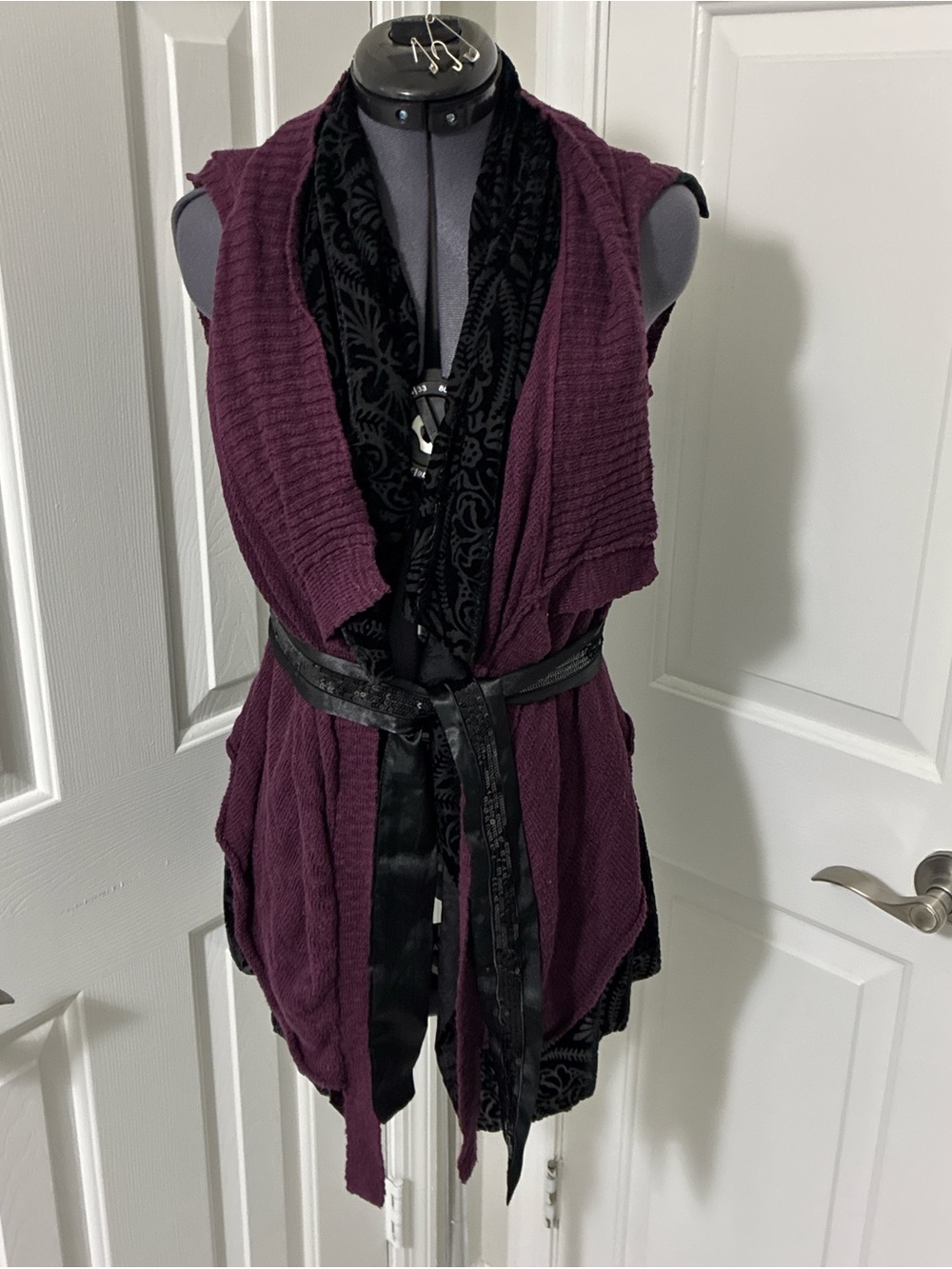 Purple & black layered cardigan vest with black sequin belt